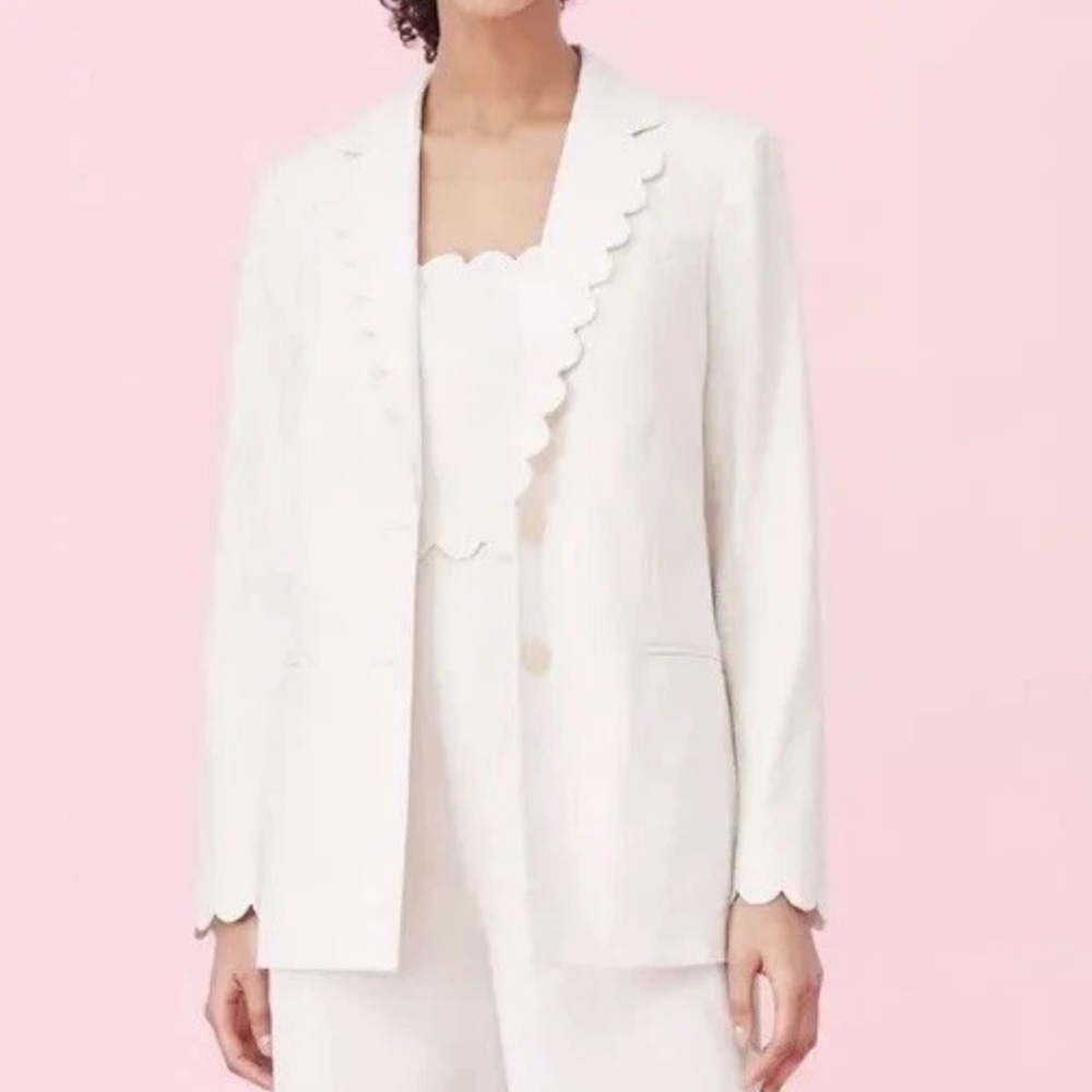 Rebecca Taylor Ivory Scalloped Tuxedo Blazer Cotton Lined Size 16 $550 Retail